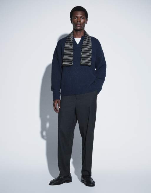 ASOS DESIGN relaxed knitted exposed seam notch neck jumper in light navy, 3 of 9