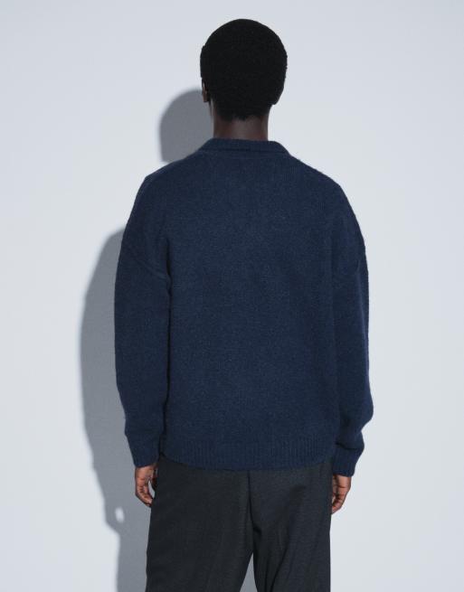 ASOS DESIGN relaxed knitted exposed seam notch neck jumper in light navy, 4 of 9