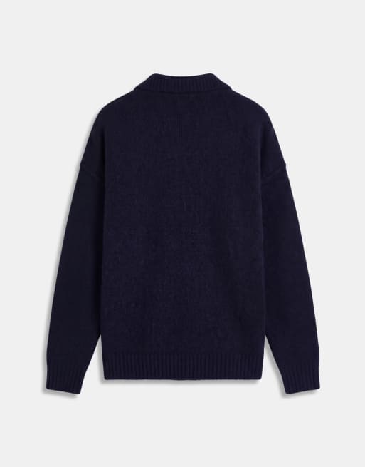 ASOS DESIGN relaxed knitted exposed seam notch neck jumper in light navy, 7 of 9