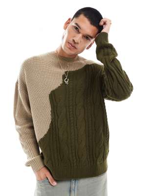 ASOS DESIGN ASOS DESIGN relaxed knitted fisherman rib and cable knit jumper in khaki and ecru-Green