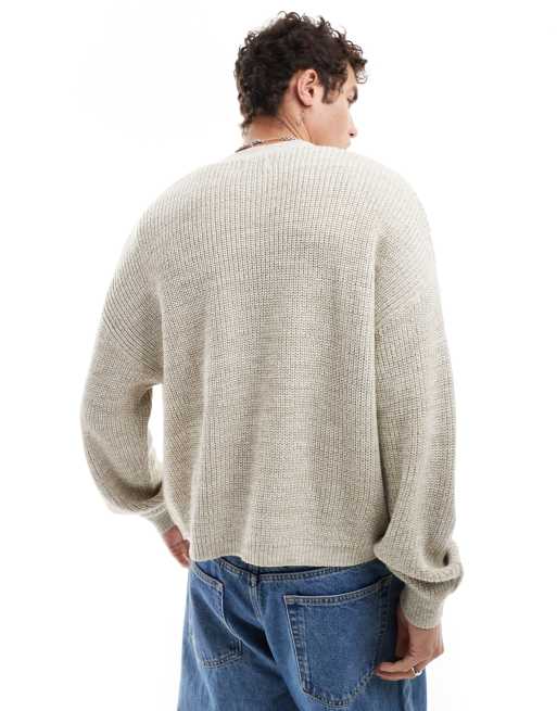 ASOS DESIGN relaxed knitted fisherman rib cardigan in stone