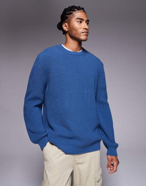 ASOS DESIGN relaxed knitted fisherman rib jumper in blue - view 1