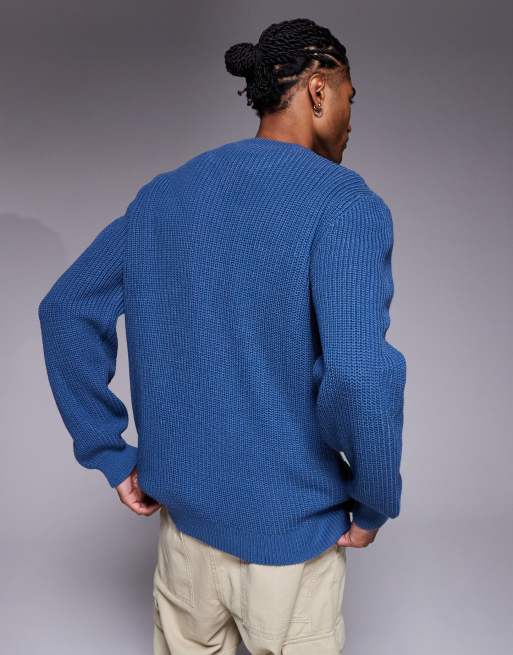 ASOS DESIGN relaxed knitted fisherman rib jumper in blue, 3 of 5