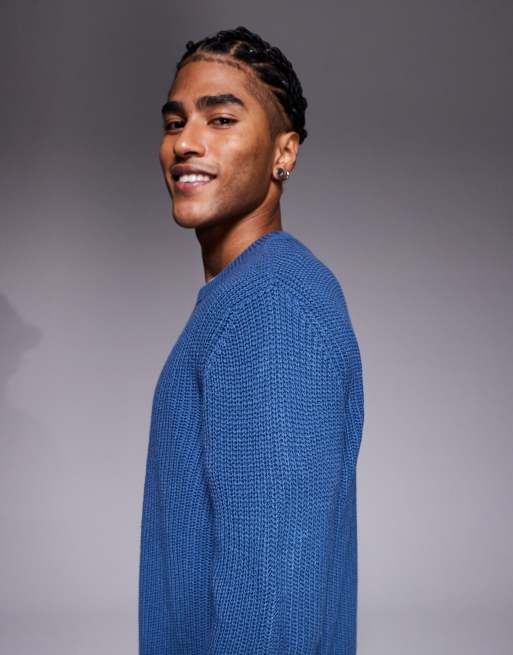 ASOS DESIGN relaxed knitted fisherman rib jumper in blue, 4 of 5