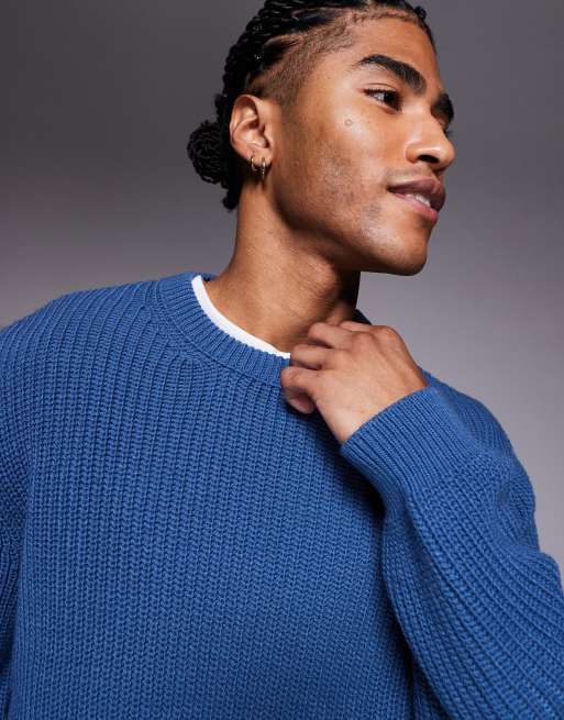 ASOS DESIGN relaxed knitted fisherman rib jumper in blue, 5 of 5