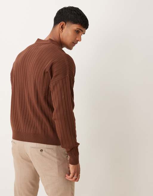 ASOS DESIGN relaxed knitted fit long sleeve ribbed notch neck polo in brown , 4 of 4