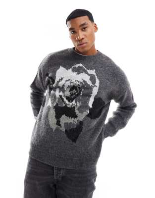 ASOS DESIGN relaxed knitted fluffy jumper in grey with rose