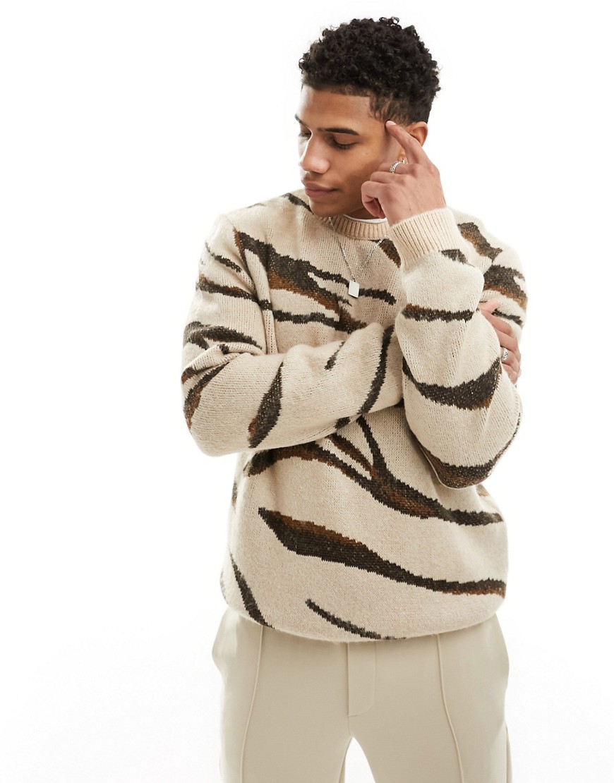 ASOS DESIGN relaxed knitted fluffy jumper in oatmeal and brown animal pattern-Neutral