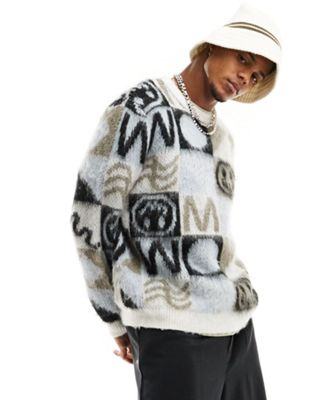 ASOS DESIGN relaxed knitted fluffy jumper with all over print in grey
