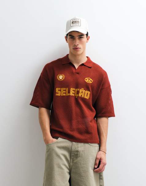 ASOS DESIGN relaxed knitted football-style notch neck with emboridery in red - view 1