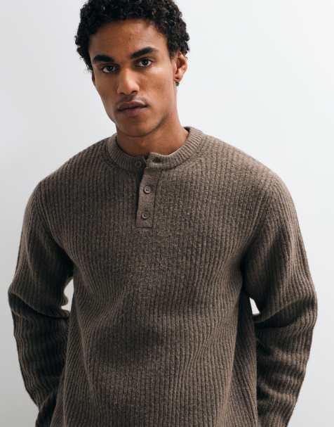 ASOS DESIGN relaxed knitted henley in brown - view 1