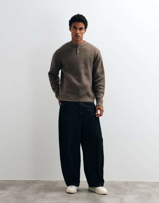 ASOS DESIGN relaxed knitted henley in brown, 2 of 9