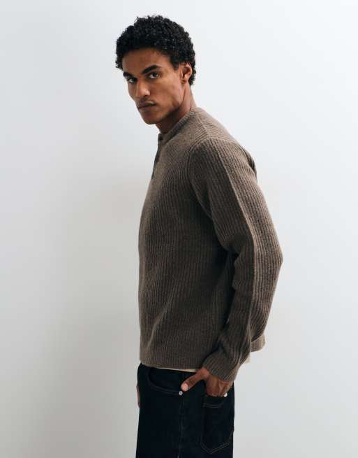 ASOS DESIGN relaxed knitted henley in brown, 3 of 9