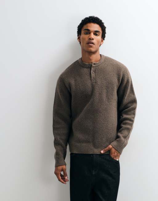 ASOS DESIGN relaxed knitted henley in brown, 4 of 9