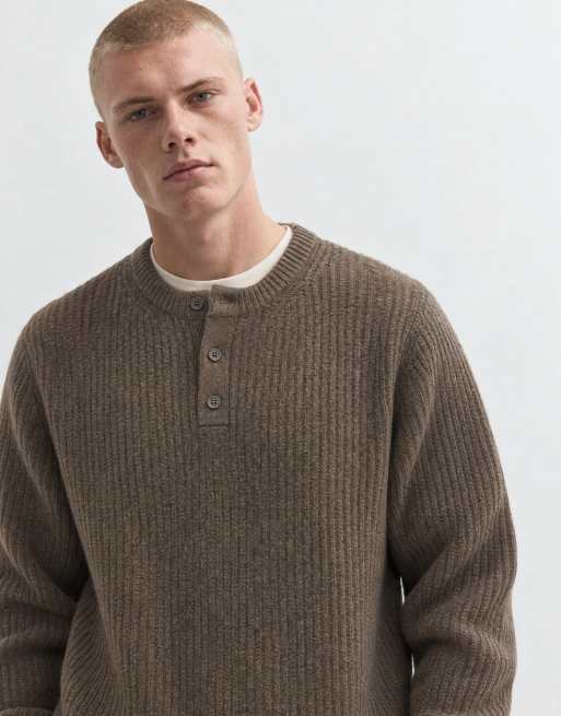 ASOS DESIGN relaxed knitted henley in brown, 6 of 9