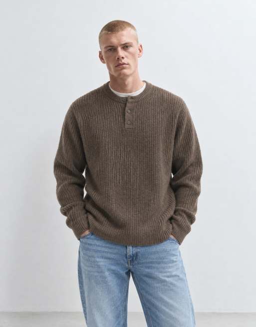 ASOS DESIGN relaxed knitted henley in brown, 7 of 9