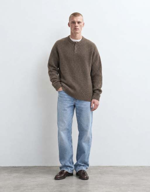 ASOS DESIGN relaxed knitted henley in brown, 9 of 9