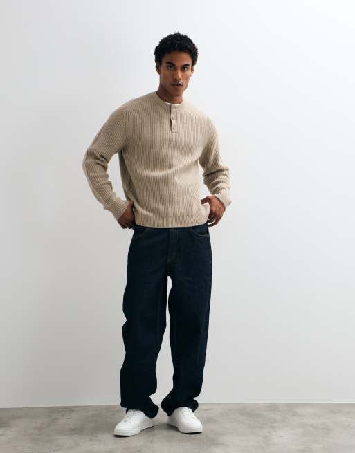ASOS DESIGN relaxed knitted henley in stone, 2 of 9