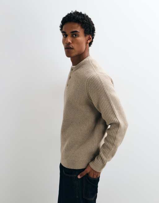 ASOS DESIGN relaxed knitted henley in stone, 4 of 9