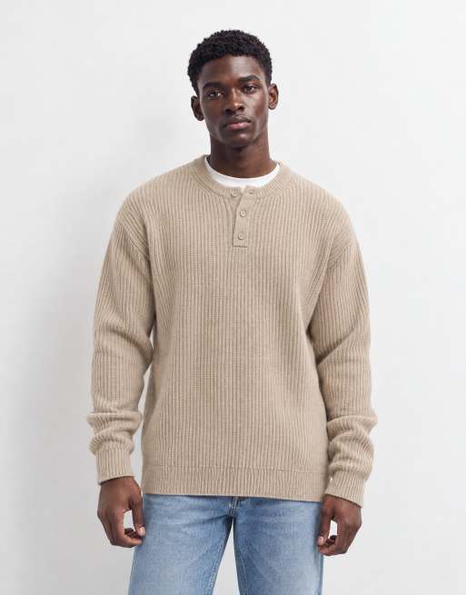 ASOS DESIGN relaxed knitted henley in stone, 6 of 9
