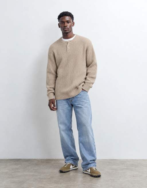ASOS DESIGN relaxed knitted henley in stone, 7 of 9