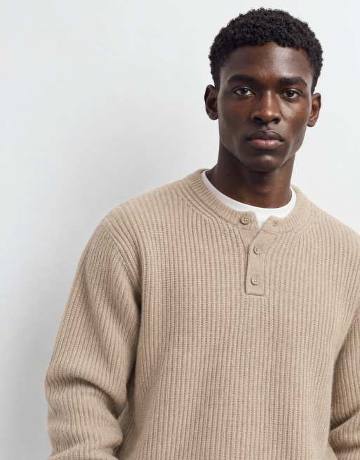 ASOS DESIGN relaxed knitted henley in stone, 9 of 9