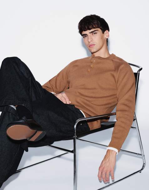 ASOS DESIGN relaxed knitted henley in taupe - view 1