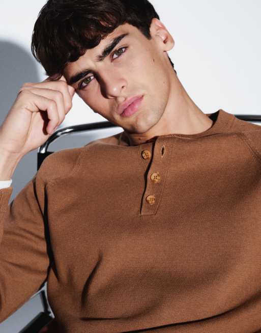 ASOS DESIGN relaxed knitted henley in taupe, 4 of 5