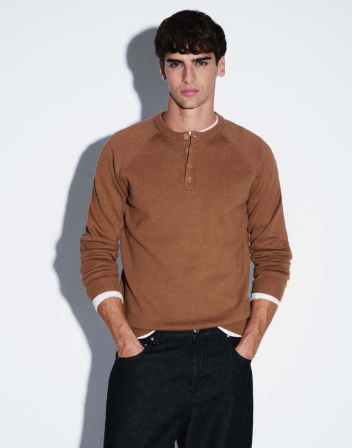 ASOS DESIGN relaxed knitted henley in taupe, 5 of 5