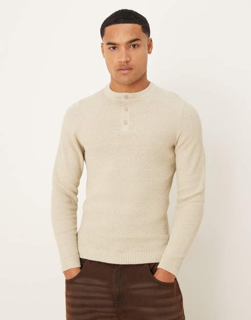 ASOS DESIGN relaxed knitted henley neck jumper in cream