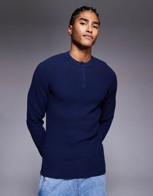 ASOS DESIGN relaxed knitted henley neck jumper in navy