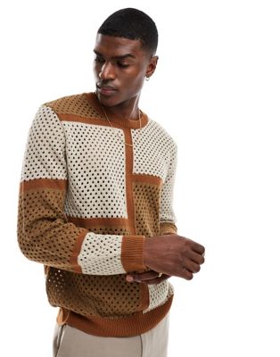 ASOS DESIGN relaxed knitted jumper in beige and brown colour block texture