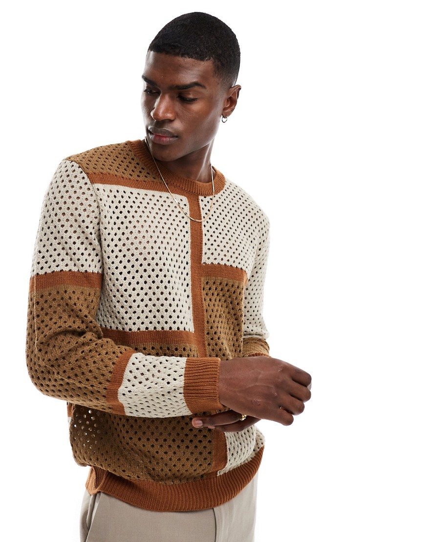 ASOS DESIGN relaxed knitted jumper in beige and brown colour block texture-Neutral