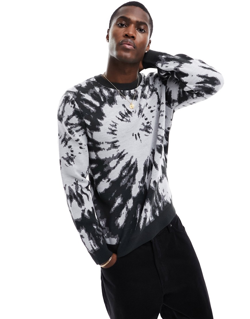 ASOS DESIGN relaxed knitted jumper in black with tie dye pattern-Grey