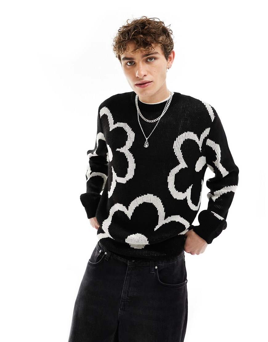 ASOS DESIGN relaxed knitted jumper in black with white floral design