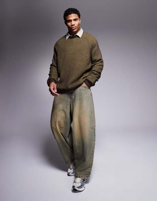 ASOS DESIGN relaxed knit sweater in khaki brown plated rib