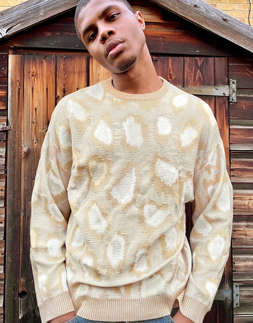 ASOS DESIGN relaxed knitted jumper in stone animal print