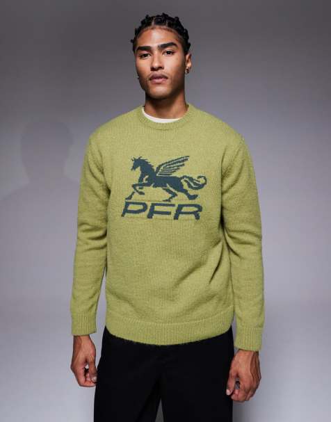 ASOS DESIGN relaxed knitted jumper with chest embroidery in khaki - view 1