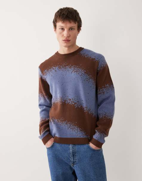 ASOS DESIGN relaxed knitted jumper with graphic in brown and blue - view 1