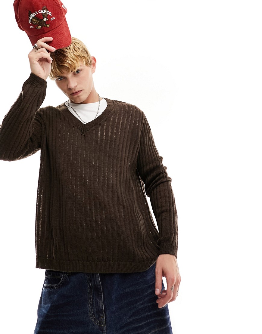 ASOS DESIGN relaxed knitted jumper with ladder detail in brown