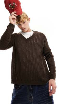  ASOS DESIGN relaxed knitted jumper with ladder detail in brown