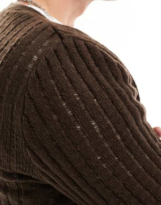 ASOS DESIGN relaxed knitted jumper with ladder detail in brown, 2 of 4