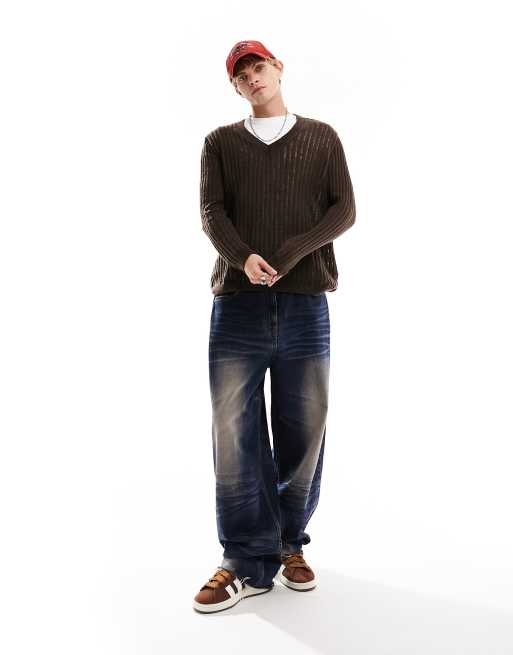ASOS DESIGN relaxed knitted jumper with ladder detail in brown, 3 of 4