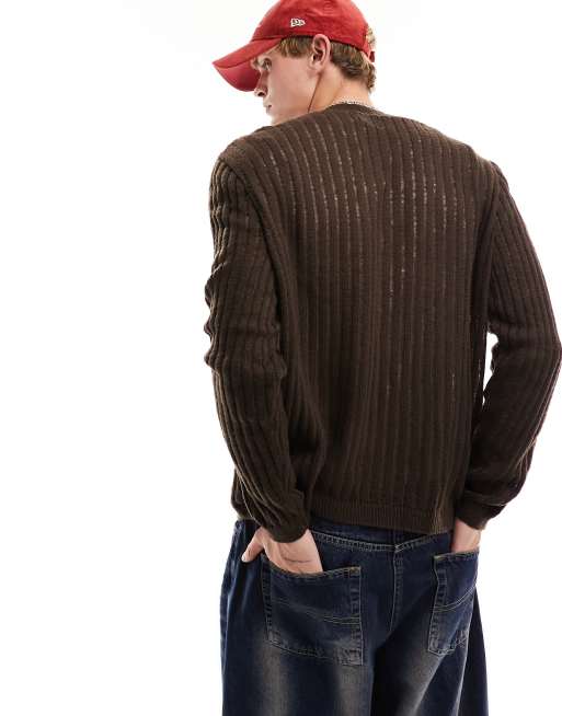 ASOS DESIGN relaxed knitted jumper with ladder detail in brown, 4 of 4