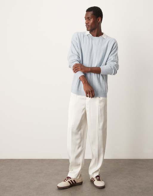 ASOS DESIGN relaxed knitted lambswool wide rib jumper in light blue, 3 of 4
