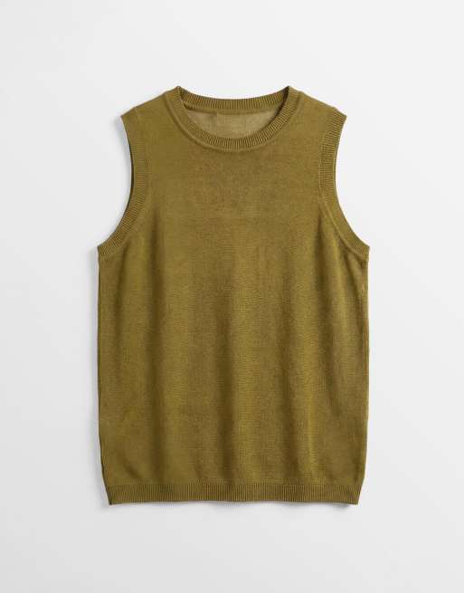  ASOS DESIGN relaxed knitted lightweight singlet in khaki, 6 of 9