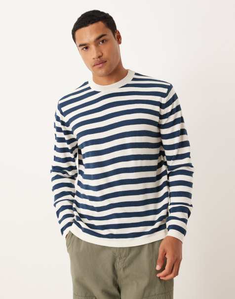 ASOS DESIGN relaxed knitted long sleeve crew neck t-shirt in navy and white stripe - view 1