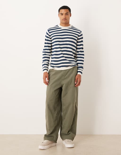 ASOS DESIGN relaxed knitted long sleeve crew neck t-shirt in navy and white stripe, 2 of 5