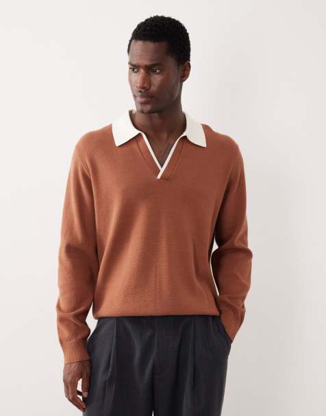 ASOS DESIGN relaxed knitted long sleeve notch neck polo in brown - view 1