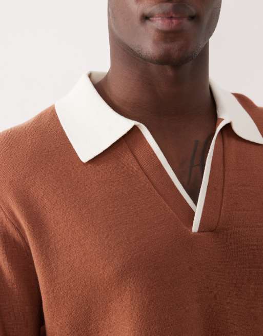 ASOS DESIGN relaxed knitted long sleeve notch neck polo in brown, 5 of 5
